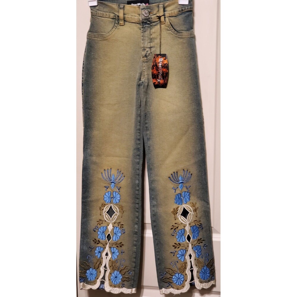 BrazilRoxx Embellished Embroidered Cutout Jeans BR 36/US 0 Blue - NEW W/ Tags
